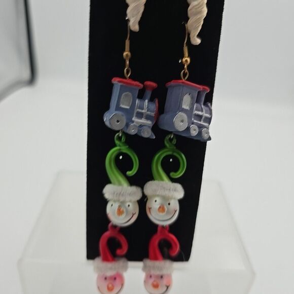 Vtg Christmas Holiday Pierced Dangle Earrings-4 Pair Santa Clause Snowman Train - Picture 4 of 9
